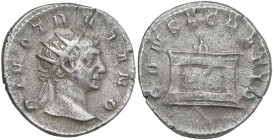 Divus Traianus (died 117 AD). AR Antoninianus, Mediolanum mint, struck under Trajan Decius, 250-251. Obv. DIVO TRAIANO. Head of Divus Traianus, radiat...