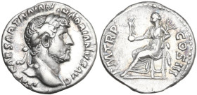 Hadrian (117-138). AR Denarius, 119-122. Obv. IMP CAESAR TRAIAN HADRIANVS AVG. Laureate, draped and cuirassed bust right. Rev. PM TR P COS III. Pax se...