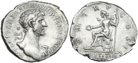 Hadrian (117-138). AR Denarius, Rome mint, 118 AD. Obv. IMP CAESAR TRAIAN HADRIANVS AVG. Bust of Hadrian, laureate, bare chest, traces of drapery on f...