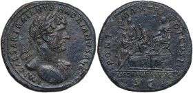 Hadrian (117-138). AE Sestertius, 118 AD. Obv. Laureate, bare chest bust right traces of drapery on far shoulder usually visible. Rev. Hadrian seated ...