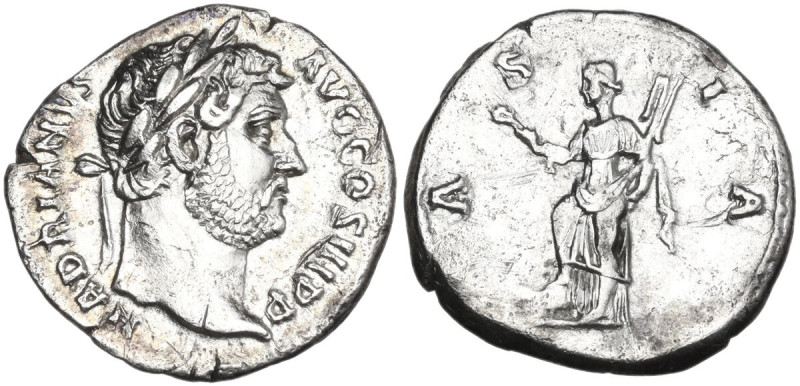Hadrian (117-138). AR Denarius, 134-138. Obv. Head right. Rev. Asia standing lef...