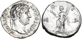 Hadrian (117-138). AR Denarius, 134-138. Obv. Head right. Rev. Asia standing left, right foot on prow, holding hook and rudder. RIC II-p. 1 (2nd ed.) ...