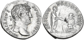 Hadrian (117-138). AR Denarius, 134-138. Obv. HADRIANVS AVG COS III PP. Bare head right. Rev. RESTITVTORI GALLIAE. Hadrian standing right, holding rol...
