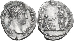 Hadrian (117-138). AR Denarius, 134-138. Obv. HADRIANVS AVG COS III PP. Bare head right. Rev. RESTITVTORI HISPANIAE. Hadrian standing left, holding ro...