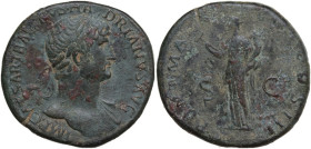 Hadrian (117-138). AE Sestertius, 119-120. Obv. Laureate bust right, drapery on left shoulder. Rev. Felicitas standing left, holding caduceus and corn...
