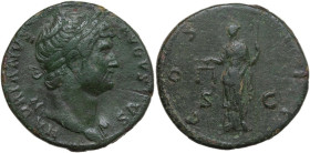Hadrian (117-138). AE Sestertius, c. AD 125-128. Obv. HADRIANVS AVGVSTVS. Laureate head left, with drapery on left shoulder. Rev. COS III. Aequitas st...