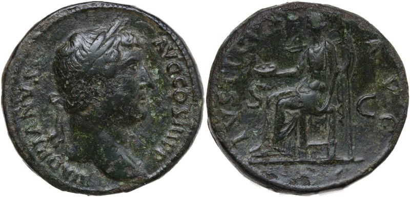 Hadrian (117-138). AE Sestertius, 136 AD. Obv. Laureate head right. Rev. Justiti...