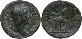 Hadrian (117-138). AE Sestertius, 136 AD. Obv. Laureate head right. Rev. Justitia seated left, holding patera and sceptre. RIC II 764 corr. (holding p...