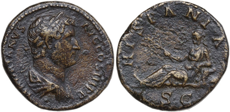 Hadrian (117-138). AE As, 134-138. Obv. Laureate head right. Rev. Hispania recli...