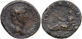 Hadrian (117-138). AE As, 134-138. Obv. Laureate head right. Rev. Hispania reclining left, holding branch and resting left elbow on rock. RIC II 852. ...