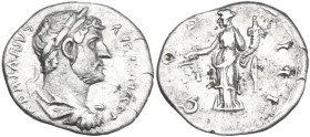 Hadrian (117-138). AR Denarius, 128-129. Obv. Laureate, draped and cuirassed, bust right, viewed from rear side. Rev. Aequitas-Moneta standing left, h...