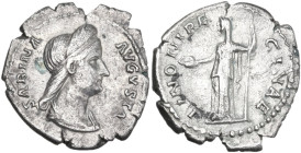 Sabina, wife of Hadrian (died 137 AD). AR Denarius, c. 134-136. Obv. SABINA AVGVSTA. Draped bust right, wearing stephane, hair falling in plait down n...