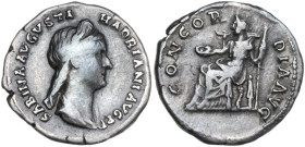 Sabina, wife of Hadrian (died 137 AD). AR Denarius. Obv. Diademed and draped bust right. Rev. Concordia seated left, holding patera and resting elbow ...