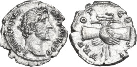 Antoninus Pius (138-161). AR Denarius, 139 AD. Obv. Bare head right. Rev. Clasped hands holding winged caduceus and two corn-ears. RIC III 43; C. 833....