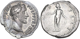 Antoninus Pius (138-161). AR Denarius, 150-151. Obv. Laureate bust right. Rev. Genius, naked, standing facing, head left,holding patera and corn-ears....