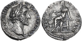 Antoninus Pius (138-161). AR Denarius, 156-157. Obv. ANTONINVS AVG PIVS PP IMP II. Laureate head right. Rev. TR POT XX COS IIII. Salus seated left, fe...