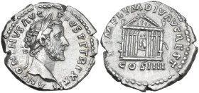 Antoninus Pius (138-161). AR Denarius, 158-159. Obv. ANTONINVS AVG PIVS PP TR P XXII. Laureate head right. Rev. TEMPLVM DIV AVG REST COS IIII. Octasty...