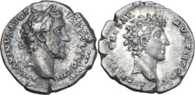 Antoninus Pius with Marcus Aurelius as Caesar (139-161). AR Denarius. Struck 140-144. Obv. ANTONINVS AVG PIVS P P TR P COS III. Laureate head of Anton...