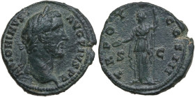 Antoninus Pius (138-161). AE As, 148-149. Obv. Laureate head right. Rev. Clementia standing left, holding patera and sceptre. RIC III 699A; C. 906-907...