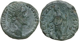 Antoninus Pius (138-161). AE Dupondius, Rome mint, 157-158. Obv. ANTONINVS AVG PIVS P P IMP II. Head of Antoninus Pius, radiate, right. Rev. TR POT XX...