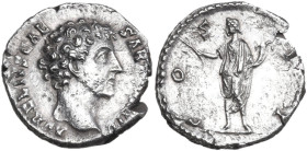 Marcus Aurelius as Caesar (139-161). AR Denarius, 140-144. Obv. Bare head right. Rev. Honos standing left holding branch and cornucopiae. RIC III (A. ...