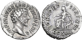Marcus Aurelius (161-180). AR Denarius, 161-162. Obv. M ANTONINVS AVG. Bare head right. Rev. CONCORD AVG TR P XVI COS III. Concordia seated left, hold...