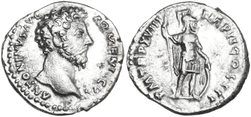 Marcus Aurelius (161-180). AR Denarius, 163-164. Obv. Bare head right. Rev. Mars...