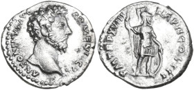 Marcus Aurelius (161-180). AR Denarius, 163-164. Obv. Bare head right. Rev. Mars, helmeted, in military dress, standing right, holding inverted vertic...