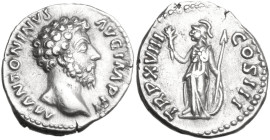 Marcus Aurelius (161-180). AR Denarius, 163-164. Obv. Bare head right. Rev. Minerva, helmeted, draped, standing left, holding up olive-branch in right...