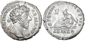 Marcus Aurelius (161-180). AR Denarius, 164-165. Obv. ANTONINVS AVG ARMENIACVS. Laureate head right. Rev. ARMEN(in ex.) PM TR P XIX IMP II COS III. Ar...