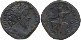 Marcus Aurelius (161-180). AE Sestertius, 171-172. Obv. Laureate head right. Rev. Roma, helmeted, draped, seated left, holding Victory in extended rig...