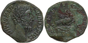 Divus Marcus Aurelius (died 180 AD). AE Sestertius, 180. Obv. Bare head right. Rev. Eagle, head left, standing right on garlanded altar. RIC III Commo...