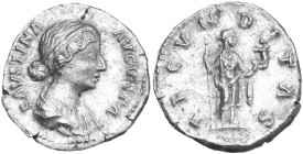Faustina II, wife of Marcus Aurelius (died 176 AD). AR Denarius, 161-176. Obv. Bare-headed, hair waved and fastened in a bun on back of head, draped, ...