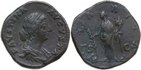 Faustina II, wife of Marcus Aurelius (died 176 AD). AE Sestertius. Obv. Draped bust right. Rev. Hilaritas standing left, holding long palm and cornuco...