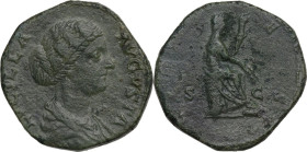 Lucilla, wife of Lucius Verus (died 183 AD). AE Sestertius, 164-169. Obv. Bust right, draped. Rev. Ceres seated right, holding torch and corn-ears. RI...