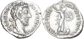 Commodus (177-193). AR Denarius, 181-182. Obv. M COMMODVS ANTON AVG PIVS. Laureate head right. Rev. TR P VIIII IMP VI COS IIII P P. Minerva helmeted, ...