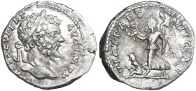 Septimius Severus (193-211). AR Denarius, Rome mint, 197-198. Obv. Laureate head right. Rev. Victory, winged, draped, advancing left, holding wreath i...