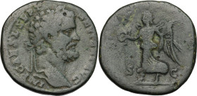 Septimius Severus (193-211). AE Sestertius, 193 or 194 AD. Obv. Laureate head right. Rev. Victory advancing left, holding wreath and palm. RIC IV 656 ...