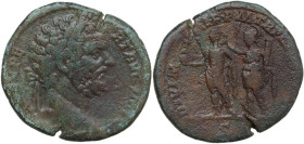 Septimius Severus (193-211). AE Sestertius, 195-196. Obv. Laureate head right. Rev. Septimius Severus, in military attire, standing left, holding Vict...