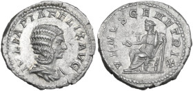 Julia Domna (died 217 AD). AR Denarius, 196-211. Obv. IVLIA PIA FELIX AVG. Draped bust right. Rev. VENVS GENETRIX. Venus seated left, holding patera a...