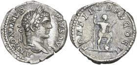 Caracalla (198-217). AR Denarius, 207 AD. Obv. Laureate head right. Rev. Caracalla, in military attire, standing right, left foot on helmet, holding s...