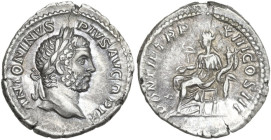 Caracalla (198-217). AR Denarius, 210. Obv. Laureate and bearded head right. Rev. Concordia, draped, seated left, holding patera in extended right han...