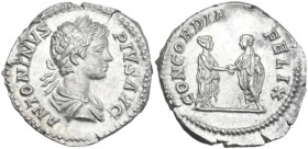 Caracalla (198-217). AR Denarius, 201-206. Obv. ANTONINVS PIVS AVG. Laureate and draped bust right. Rev. CONCORDIA FELIX. Plautilla, standing right, a...