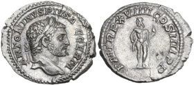 Caracalla (198-217). AR Denarius, Rome mint, 216 AD. Obv. ANTONINVS PIVS AVG GERM. Laureate head right. Rev. P M TR P XVIIII COS IIII P P. Jupiter, na...