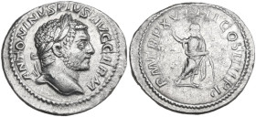 Caracalla (198-217). AR Denarius, 216 AD. Obv. Laureate head right. Rev. Serapis, wearing polos on head, standing front, head left, raising right hand...