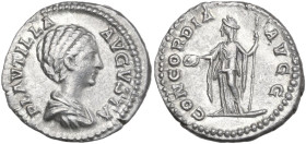 Plautilla, wife of Caracalla (died 212 AD). Denarius, Rome mint, 202-205. Obv. PLAVTILLA AVGVSTA. Bust of Plautilla, hair coiled in ridges, fastened i...