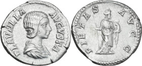 Plautilla, wife of Caracalla (died 212 AD). AR Denarius. Obv. Draped bust right. Rev. Pietas standing right,holding sceptre and child. RIC IV (Carac.)...