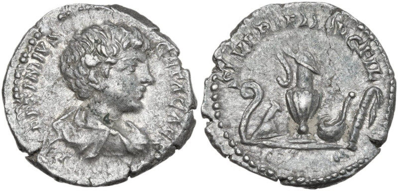 Geta (198-212). AR Denarius, 198-200. Obv. Bare-headed and draped bust right. Re...