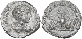 Geta (198-212). AR Denarius, 198-200. Obv. Bare-headed and draped bust right. Rev. Lituus, knife, jug, simpulum, sprinkler. RIC IV Geta 3 (denarius). ...