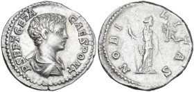 Geta (198-212). AR Denarius, 200-202. Obv. Bust right, draped, cuirassed. Rev. Nobilitas standing right, holding scepter and palladium. RIC IV 13a. AR...